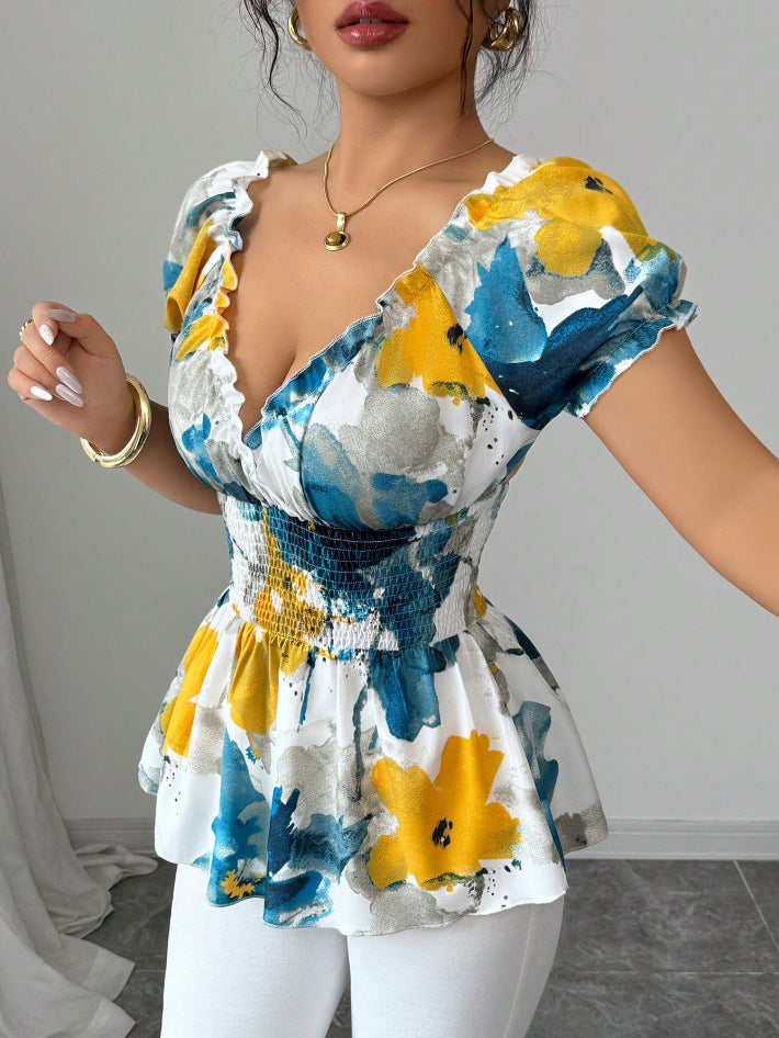 Damen Bluse Elastisch Rüschen Blume Weiss