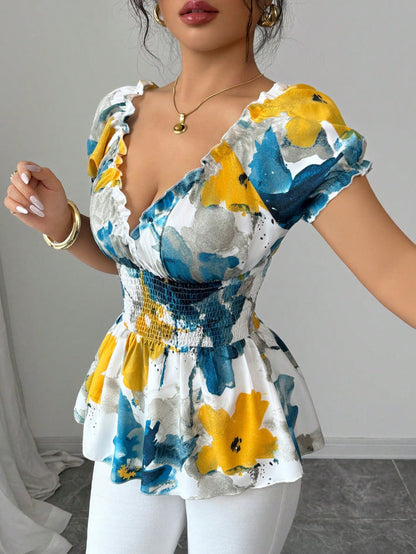 Damen Bluse Elastisch Rüschen Blume Weiss