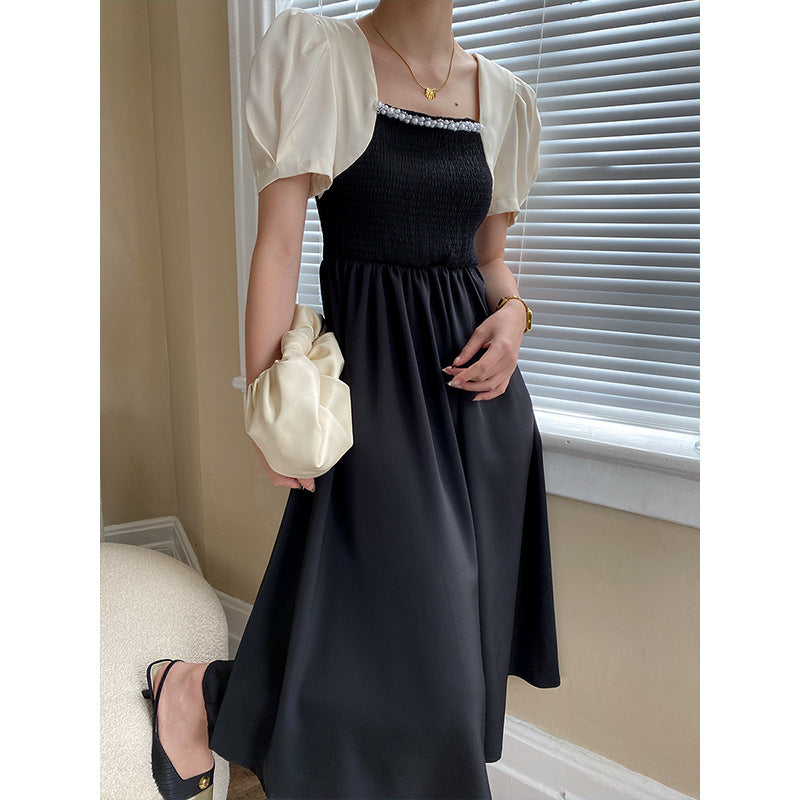 Damen Maxikleid Puffärmel Dekorativer Ausschnitt