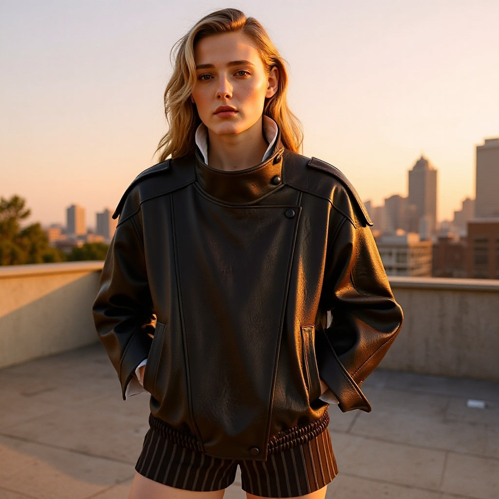 Damen Kunstlederjacke Hochkragen Praktische Taschen Schwarz - Norvielle
