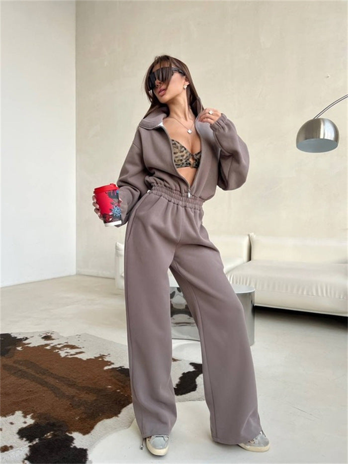 Damen Fleece-Jogginganzug Hochkragen Eingrifftaschen Norvielle