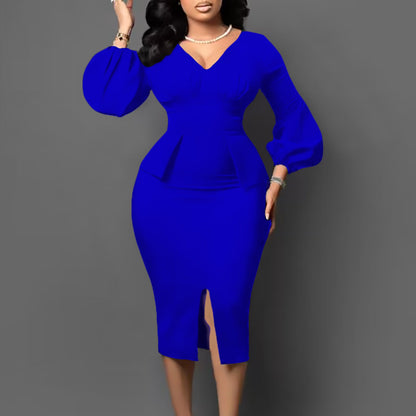 Damen Midi-Kleid Figurbetont Puffärmel Schlitz Norvielle