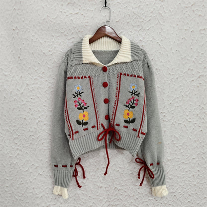 Damen Strickjacke Blumenstickerei Kordelzug Norvielle
