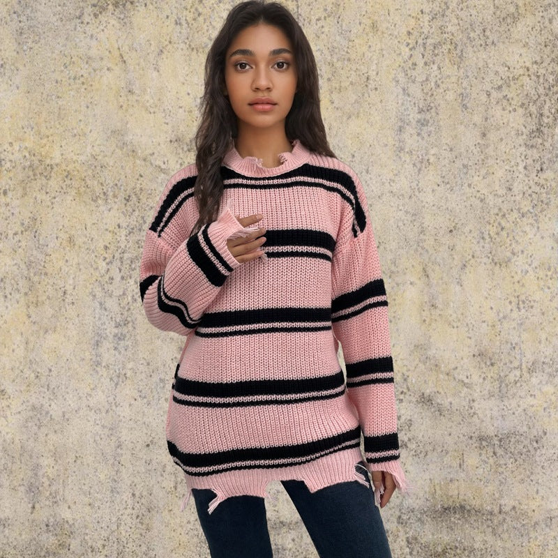 Damen Oversized Strickpullover Streifenmuster Französische Fransen