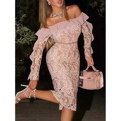 Damen Spitzenkleid Off-Shoulder Rüschendetails Figurbetont