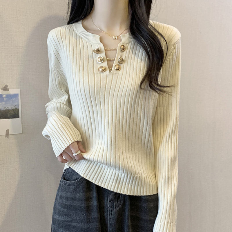 Damen Rippstrickpullover Dekorative Knöpfe Norvielle