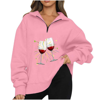 Damen Oversized Pullover Reißverschluss Party-Motiv Norvielle