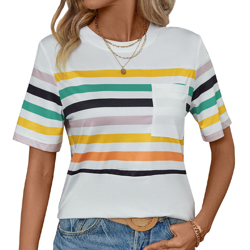 Damen T-Shirt Kurzarm mit Streifenmuster und Brusttasche Bunt