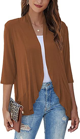 Norvielle Damen Strickjacke Einfarbig 3/4 Ärmel Rüschenrand