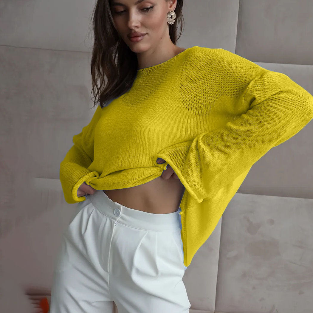 Damen Pullover Lässig Weite Ärmel Feines Lochstrick Beige