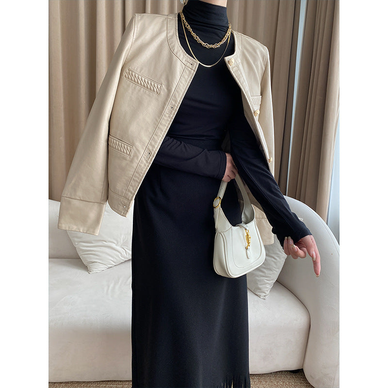 Damen Lederjacke Moderner Stil Dekorative Taschen Elegant