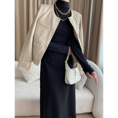 Damen Lederjacke Moderner Stil Dekorative Taschen Elegant