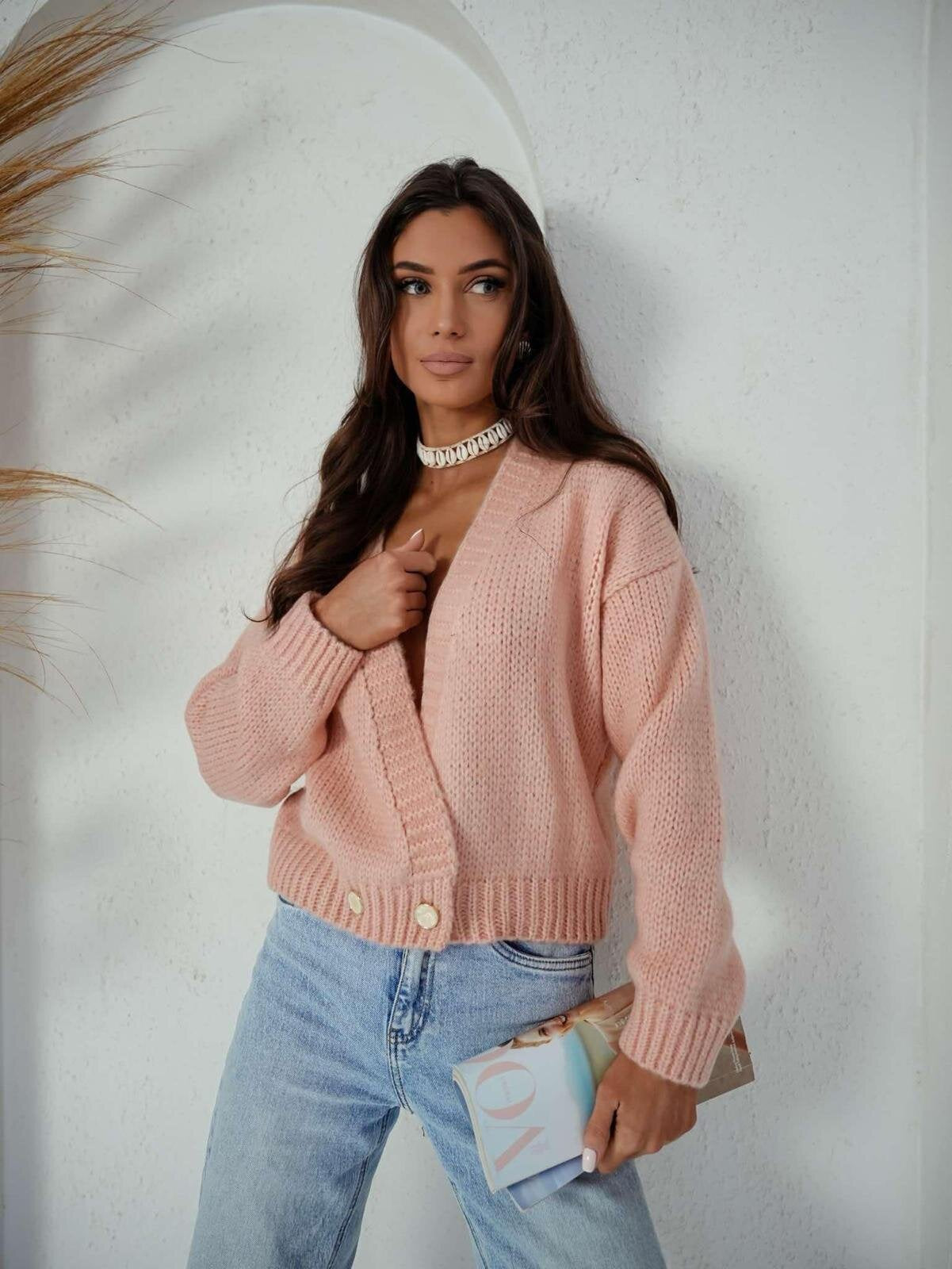 Damen Strickcardigan Weit Modisch Knöpfe Beige