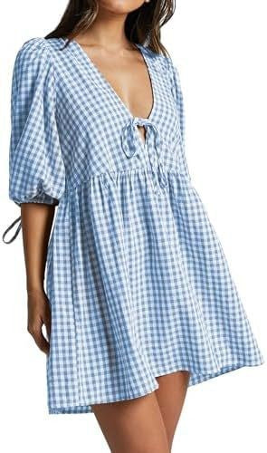 Damen Freizeitkleid V-Ausschnitt Puffärmel Norvielle