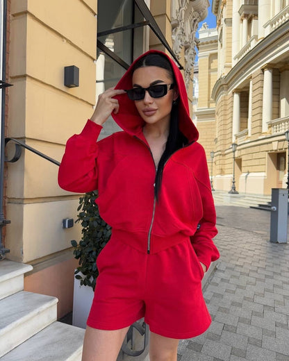 Damen Sportliches Zweiteiler-Set Kurzarm Jacke und Shorts