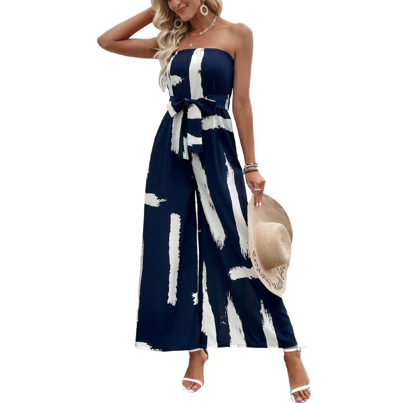 Damen Jumpsuit Schulterfrei Weites Bein Bindegürtel Norvielle