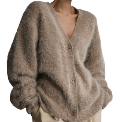 Damen Strickjacke Mohair-Mix V-Ausschnitt Knöpfe Anthrazit