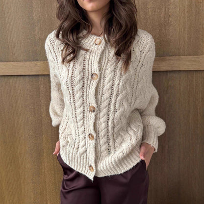 Damen Grobstrickjacke Voluminöse Ärmel Große Knöpfe Norvielle