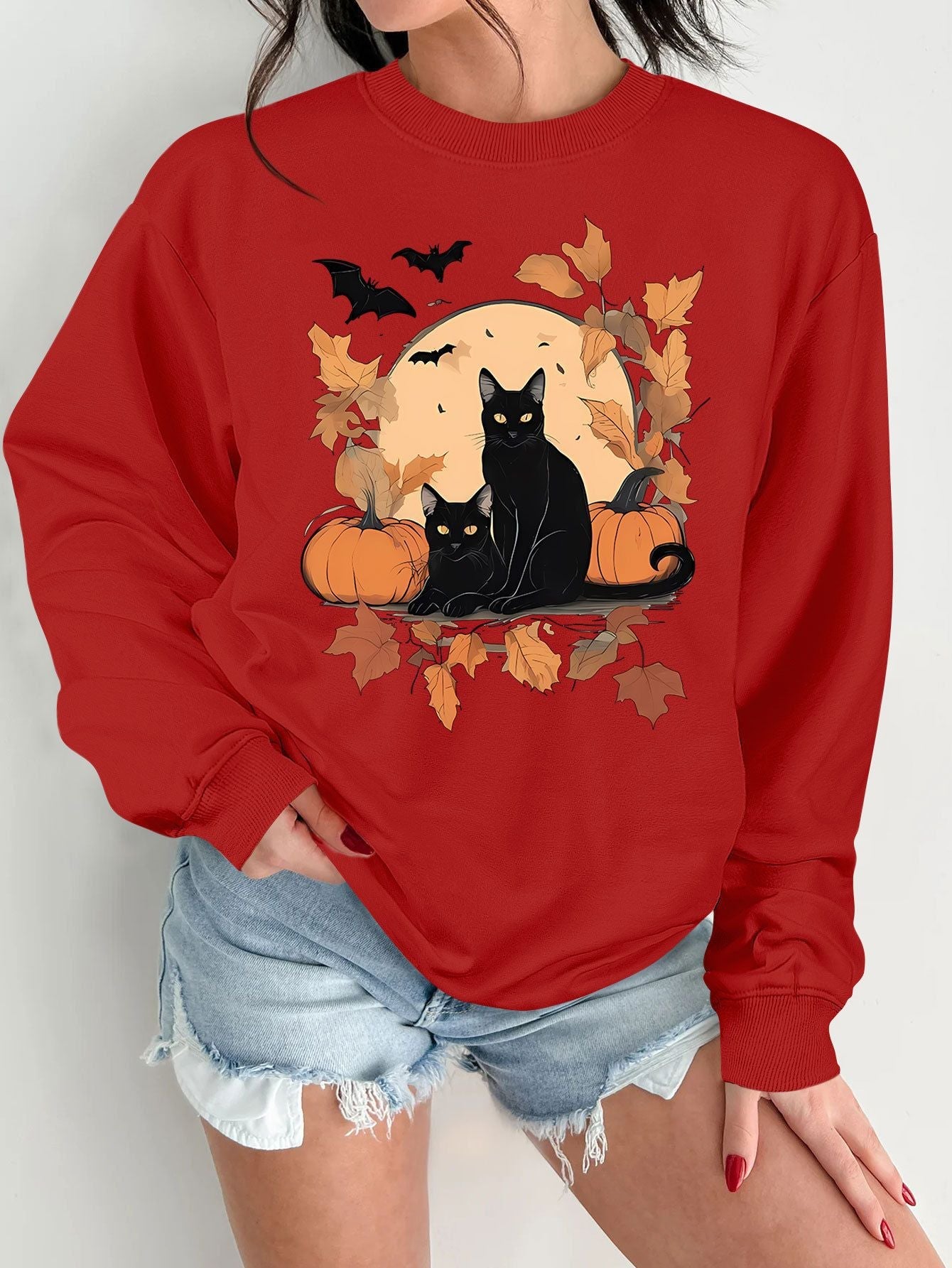Damen Sweatshirt Herbstlich Katzen Kürbis Design Norvielle