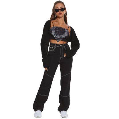 Damen High-Waist Jeans Breit Bein Kontrastnähte