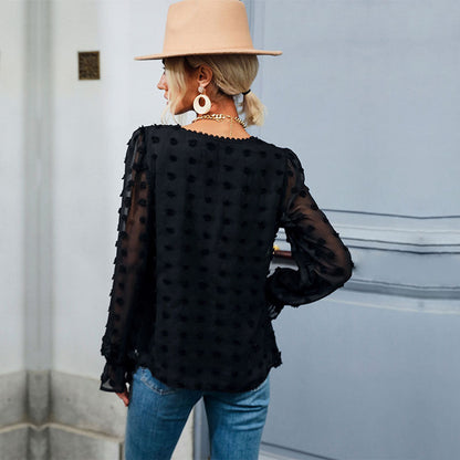 Damen Bluse Luftig Rüschendetails Punkte-Design