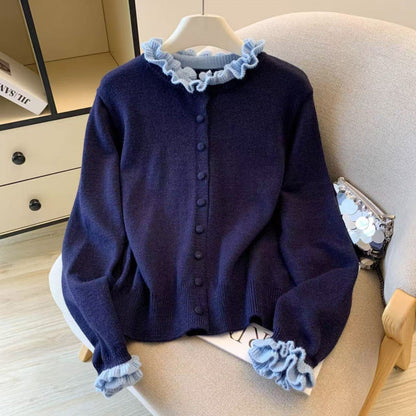 Damen Strickjacke Rüschenkragen Knöpfe Norvielle