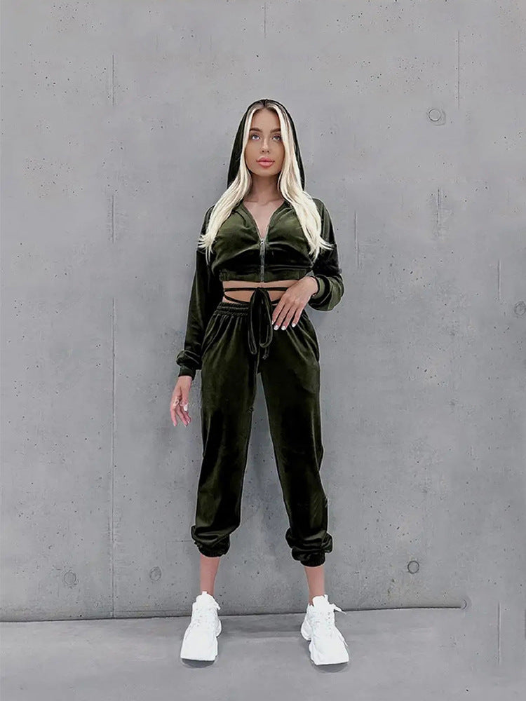 Damen Samt-Jogginganzug Cropped Hoodie