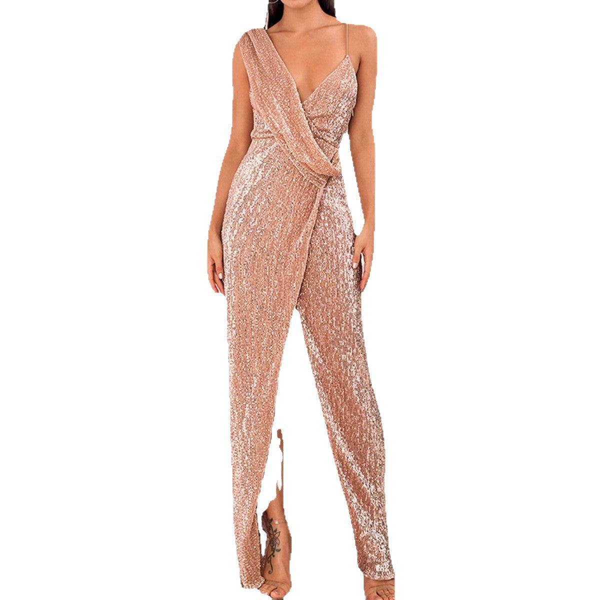 Damen Abendkleid Glitzer Wickeloptik Hochschlitz Norvielle