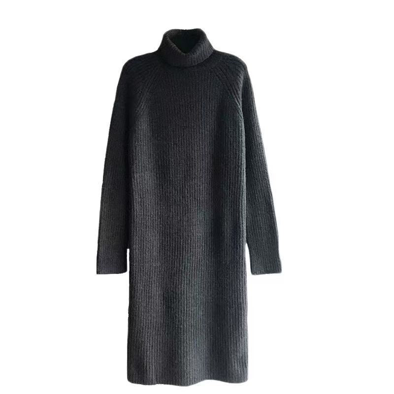 Damen Rippstrickkleid Hoher Kragen Langer Schnitt
