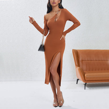 Damen Langarmkleid Figurbetont Asymmetrischer Ausschnitt Schwarz - Norvielle