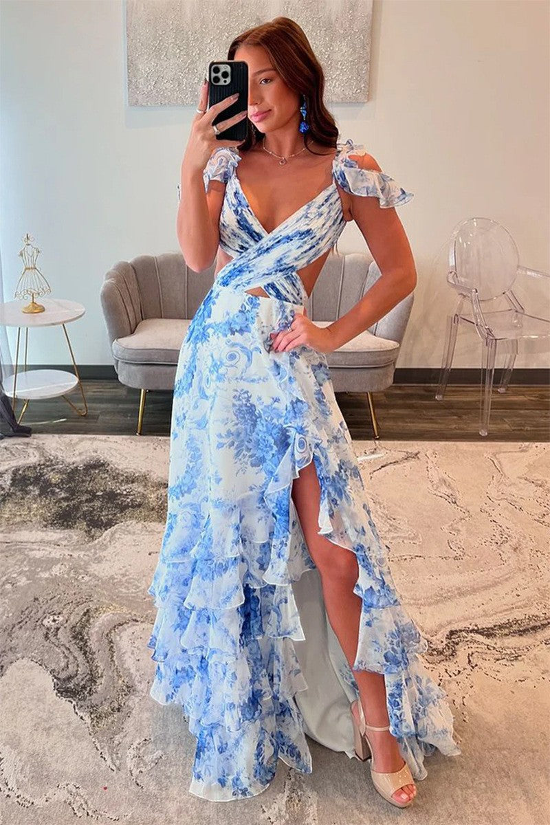Damen Maxikleid Romantische Rüschen Floraler Schnitt