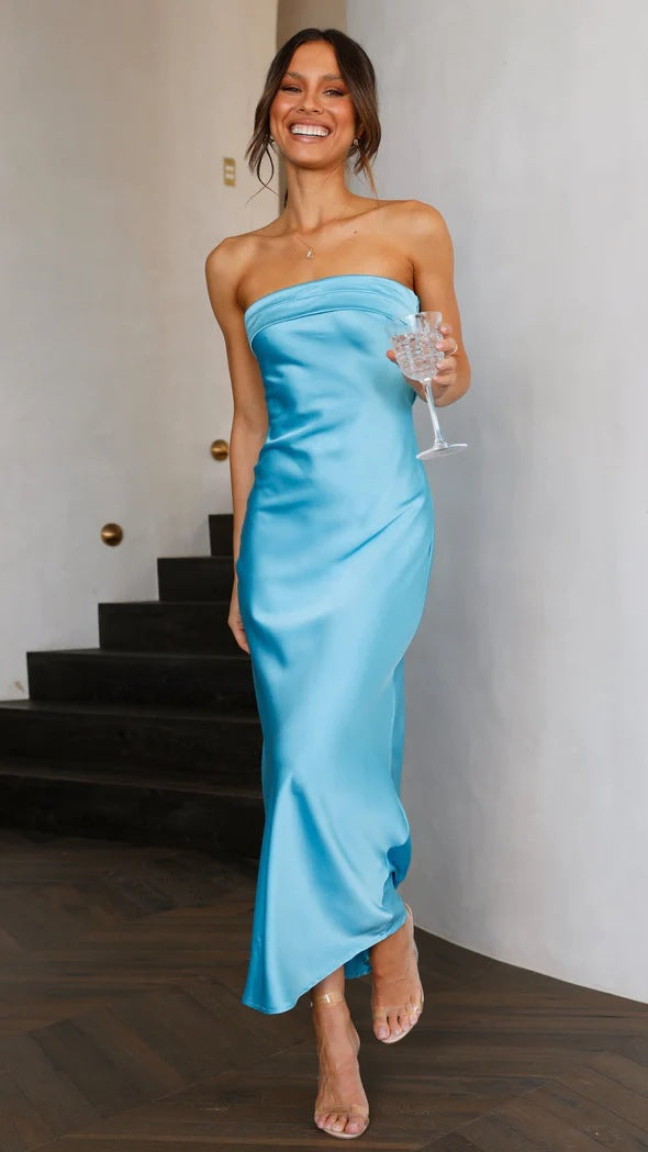 Satin Damen Schlauchtop-Kleid Rückenfrei Hohl