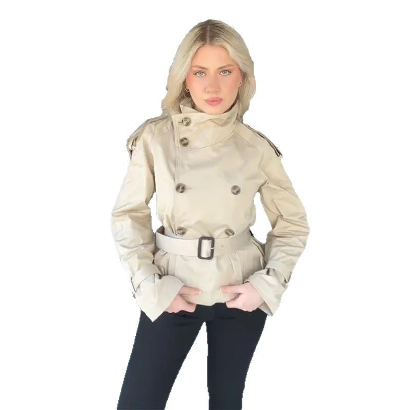 Damen Kurztrenchjacke Doppelter Knopfverschluss Taillengürtel