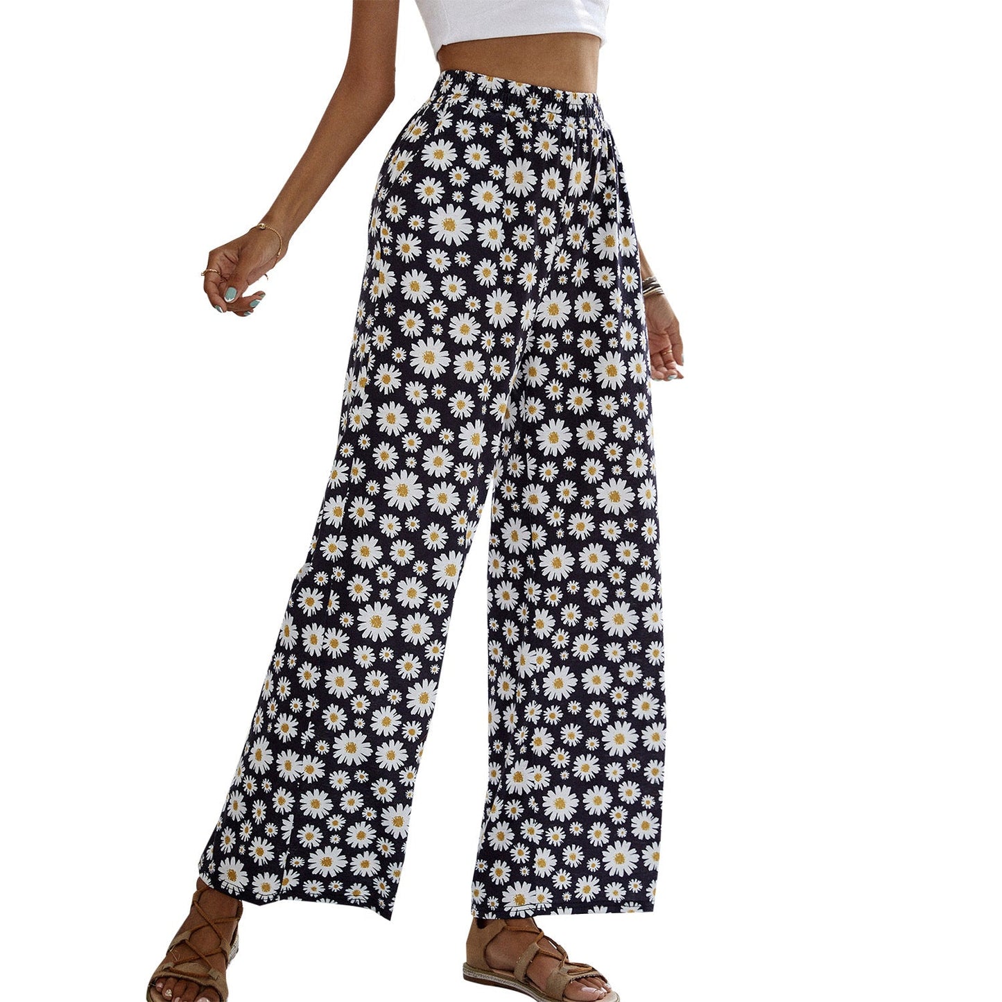 Damen Sommerhose Weite Passform Elastischer Bund Florales Design