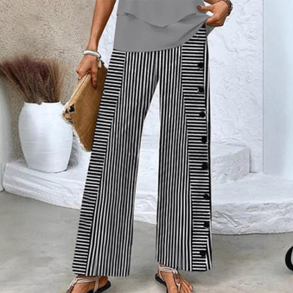 Damen Streifenpalazzo-Hose Weite Passform Knopfdetails