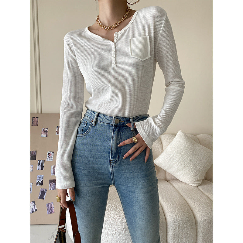 Damen Langärmeliges Henley-Oberteil mit Knopfleiste