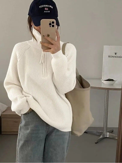 Damen Grobstrickpullover Reißverschluss Hoher Kragen Norvielle