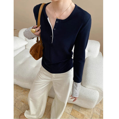 Damen Langarmshirt Gestreift Knopfverschluss Weiß