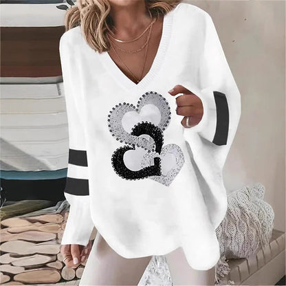 Damen Hoodie Herzmotiv Kontraststreifen Elegant