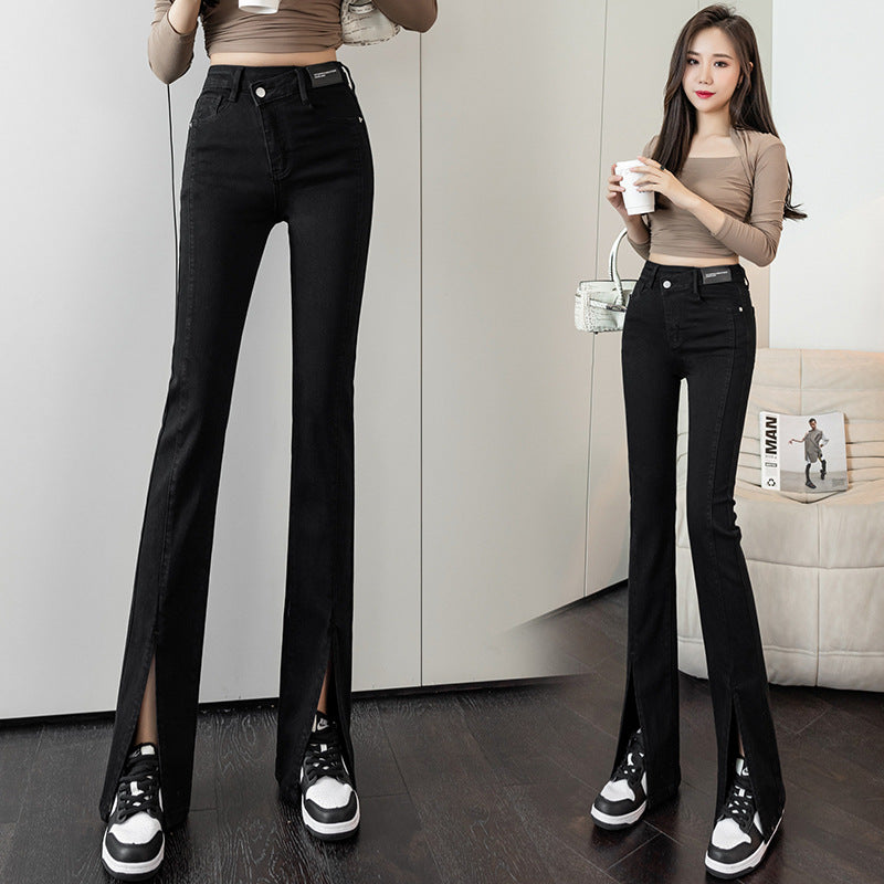 Damen Highwaist Flared Jeans mit Schlitzen Schwarz - Norvielle