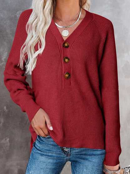 Damen Pullover V-Ausschnitt Holzknöpfe Norvielle