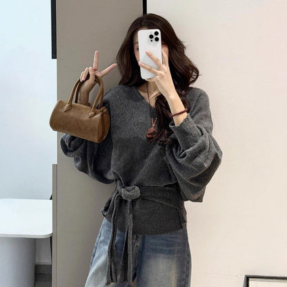 Damen Pullover V-Ausschnitt Bindegürtel Norvielle - Norvielle