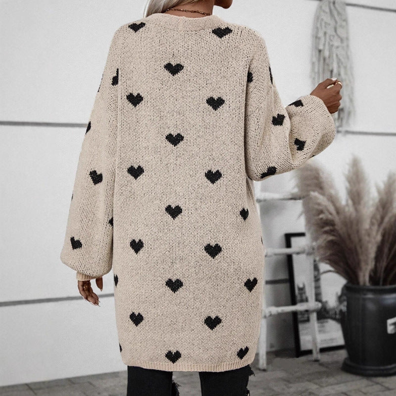 Damen Strickjacke Herzmuster Lässig Beige