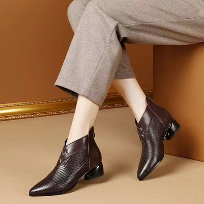 Damen Stiefeletten Leder Spitze Zehen Niedriger Blockabsatz