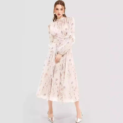 Damen Midi-Kleid Florale Stickerei Rüschensaum Norvielle