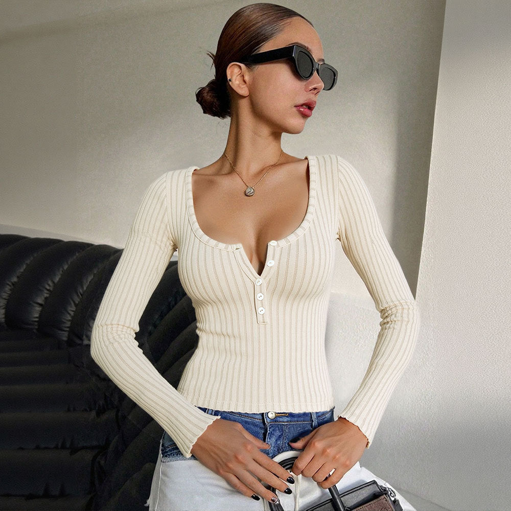 Damen Langarmshirt V-Ausschnitt Knopfdetails Norvielle - Norvielle