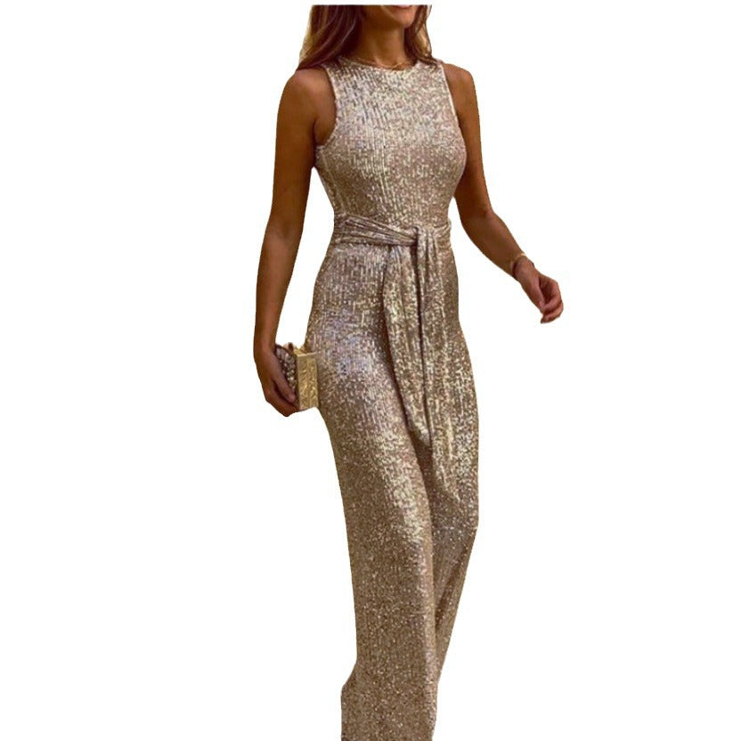 Damen Maxikleid mit Paillettenbesatz und Taillenbindung Norvielle
