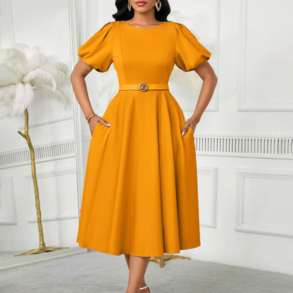 Damen Midi-Kleid Puffärmel Taillengürtel