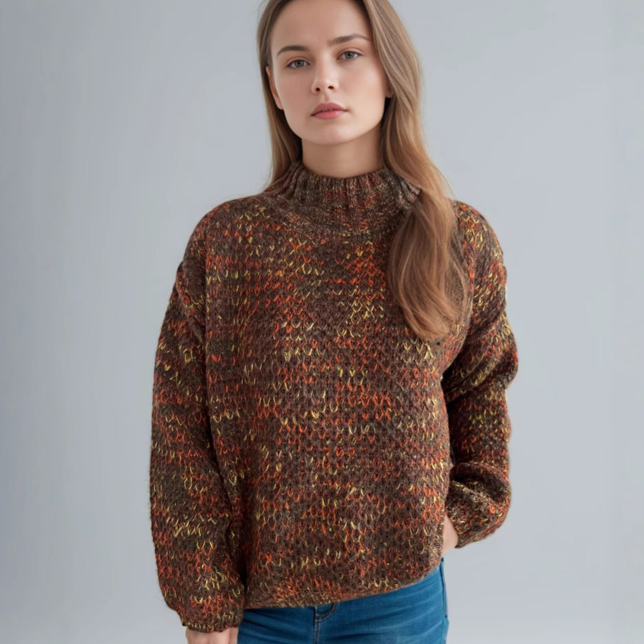 Damen Grobstrickpullover Hochgeschlossener Kragen Luftig Beige