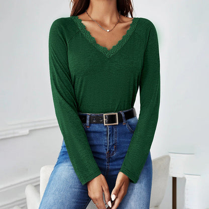 Damen Langarmshirt V-Ausschnitt Spitze Norvielle